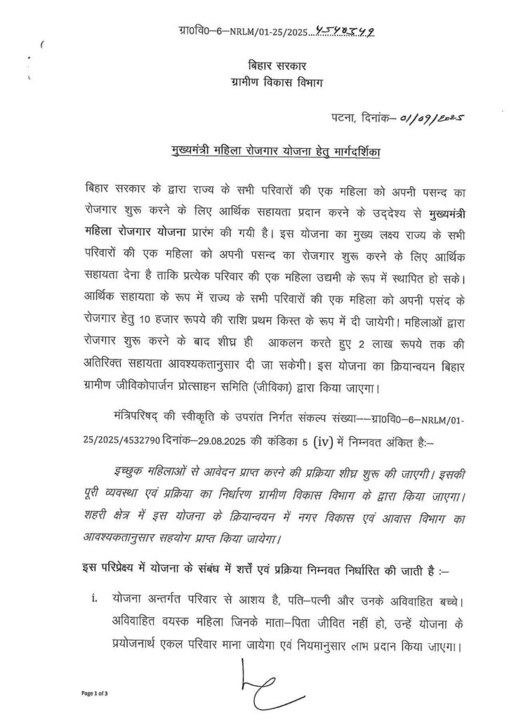 Bihar Mahila Rojgar Yojana 2025 Form